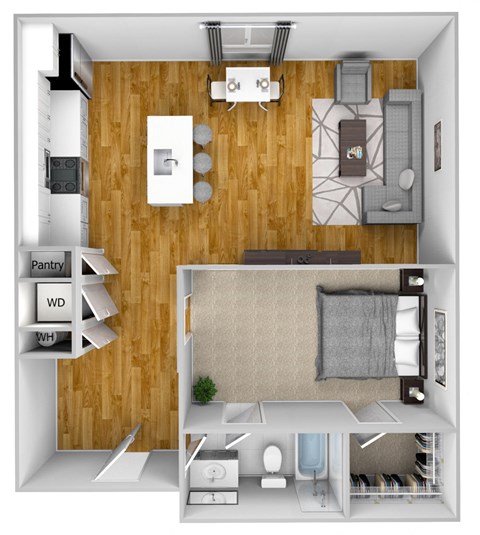 a stylized floor plan with a bedroom and a living room